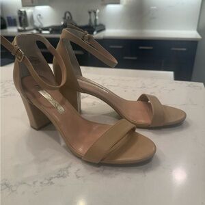 Audrey Brooke tan leather, ankle strap, 3” block heels, size 8.